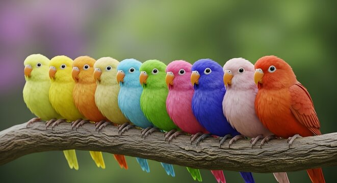 A vibrant row of colorful lovebirds perched on a branch, showcasing their diverse plumage against a soft, blurred green background