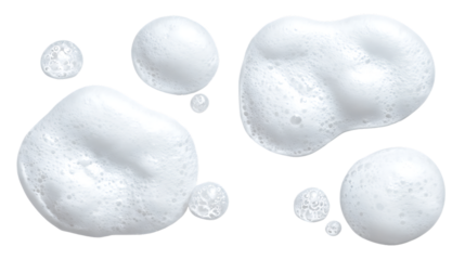 Closeup of white foam bubbles and liquid drops isolated on transparent background