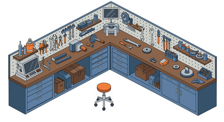Isometric workshop scene with tools and equipment in l-shaped layout