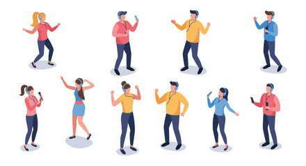 Fototapeta premium Diverse people dancing and listening to music in isometric style