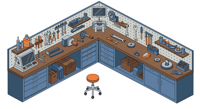 Isometric workshop scene with tools and equipment in l-shaped layout
