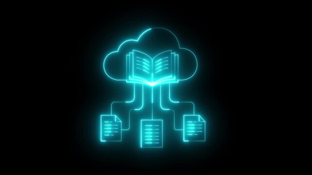 glowing neon virtual cloud and book icon. book cloud icon and online learning technology. neon Digital learning and cloud technology icon. Neon Cloud with Open Book icon and Connected Document Files.