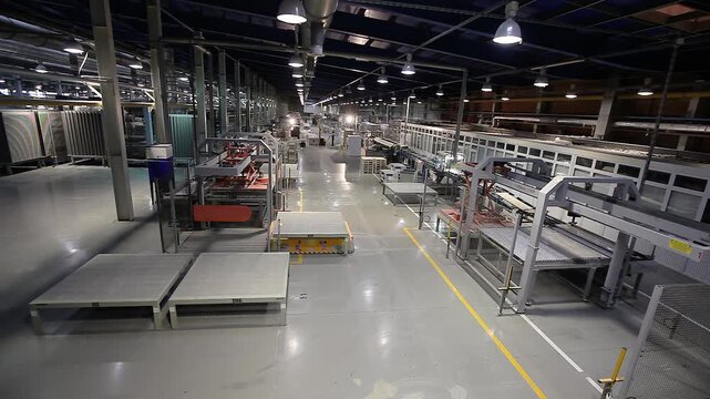 Ceramic tile manufacturing plant. Handling of fired products is done with automatic vehicles. Automatic laser guided vehicle LGV, management and control. Ceramic Tile Making Machine Conveyer Line. 