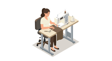 Woman sewing at machine in modern workshop