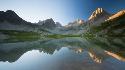 Scenic reflection of the pale di san martino mountain range in the calm waters of a lake at sunset, creating a serene and picturesque landscape in italy