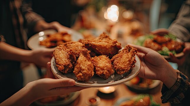 People hold fried chicken wings in their hands during dinner.