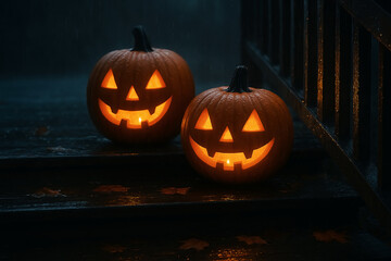 Obraz premium Two Jack-O'-Lanterns Welcoming Guests on a Wet Porch