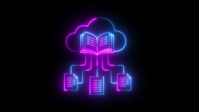 glowing neon virtual cloud and book icon. book cloud icon and online learning technology. neon Digital learning and cloud technology icon. Neon Cloud with Open Book icon and Connected Document Files.