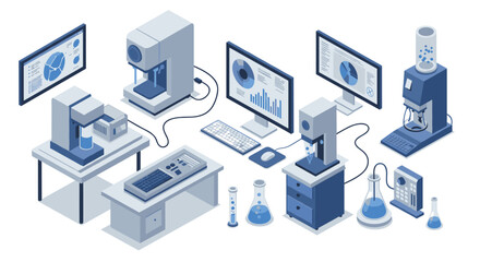 Obraz premium Modern isometric laboratory equipment and data analysis in blue tones