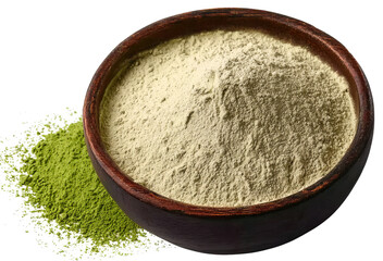 Wooden bowl with light powder and green powder isolated on a transparent background