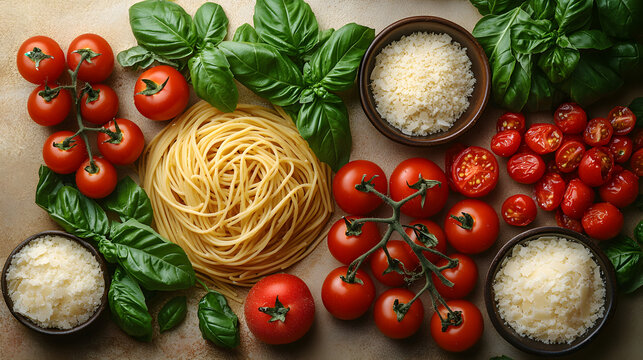 flat lay of pasta ingredients on golden beige background, spaghetti, cherry tomatoes, parmesan, basil