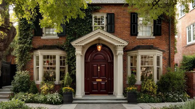 Elegant Brick House Facade with Grand Entrance, Lush Greenery, and Bay Windows, showcasing Architectural Detail and Landscaping