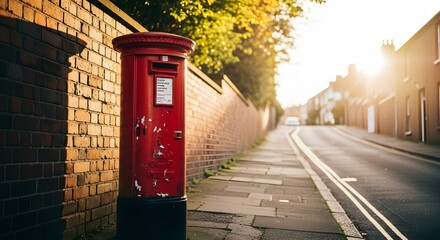 A classic red british post box stands on a pavement next to a brick wall, with a street receding into the distance under warm sunlight