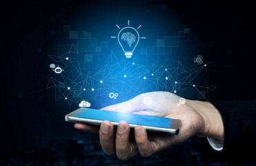 AI innovation with neural network and digital transformation. AI innovation drives automation, powers ideas, AI innovation enhances SEO, and AI innovation enables global connection. Vouch