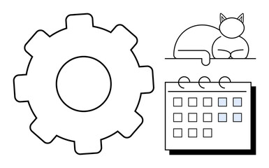 Gear symbolizing work, cat resting for relaxation, and calendar reflecting planning and organization. Ideal for productivity, time management, work-life balance, scheduling, mindfulness, creativity