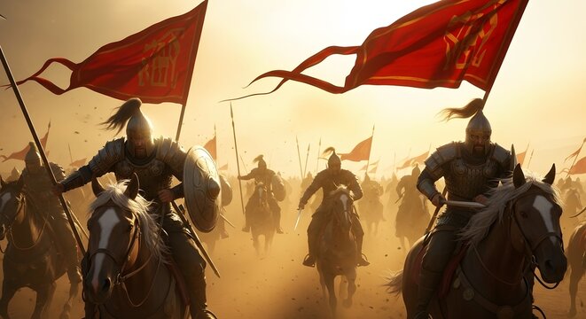 Epic cinematic scene of a medieval army on horseback charging forward with red banners flying high during a dramatic sunset, evoking a sense of historical battle and conquest