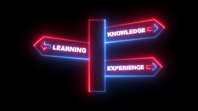 glowing neon signpost pointing to learning knowledge experience icon animation on black background. learning knowledge experience icon. 4k motion video.