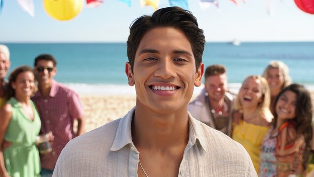 Casual beach party portrait smiling young Hispanic man at a sunny celebration.