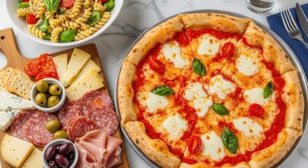 Delicious margherita pizza with fresh mozzarella and basil alongside a vibrant pasta salad and a charcuterie board spread