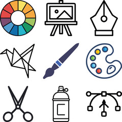 Vector icon sheet of color and pen tool symbols in a simple flat design style featuring digital drawing, editing, and UI design tools