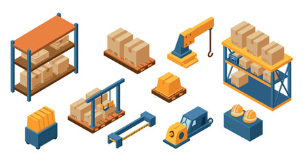 Isometric warehouse equipment and storage solutions for logistics and distribution