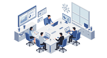 Modern office isometric design featuring team collaboration and technology in a professional setting