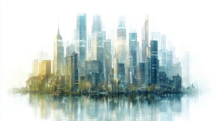 Fototapeta premium A misty skyline of modern skyscrapers reflecting in the water, showcasing urban beauty and architectural marvels.