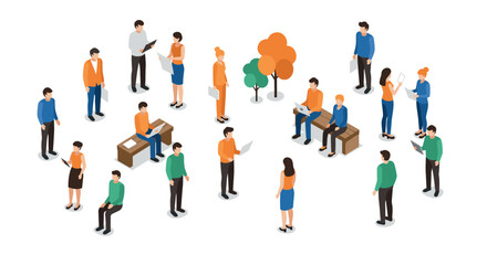 Isometric business people engaged in workplace activities on white background