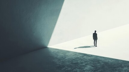 A solitary figure stands in a minimalistic space, symbolizing introspection and the search for clarity.
