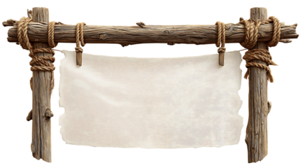 Rustic wooden signpost with rough logs and rope, holding a tattered fabric banner, isolated on transparent background