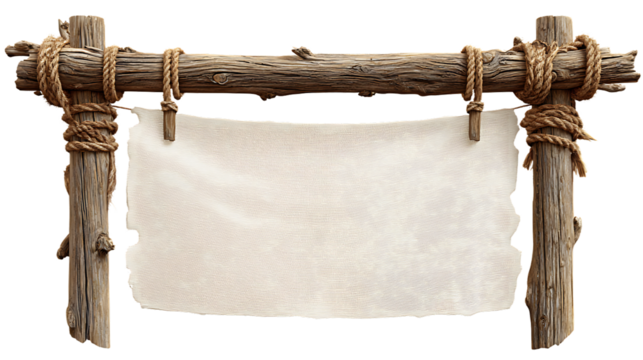 Rustic wooden signpost with rough logs and rope, holding a tattered fabric banner, isolated on transparent background