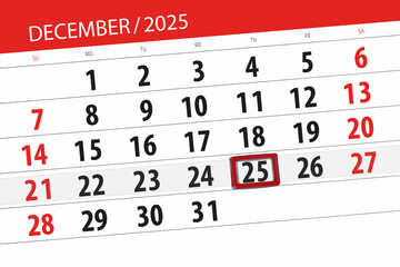 Calendar 2025, deadline, day, month, page, organizer, date, December, thursday, number 25