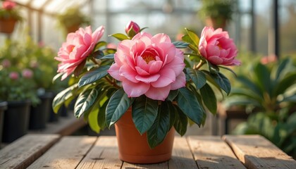Pink camellia plant blooms beautifully in terracotta pot on wooden table. Vibrant flowers, rich green leaves sunlit in warm bright greenhouse. Potted ornamental shrub ready for spring planting, home