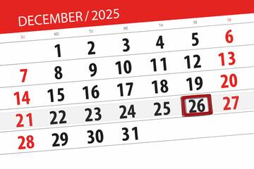 Calendar 2025, deadline, day, month, page, organizer, date, December, friday, number 26