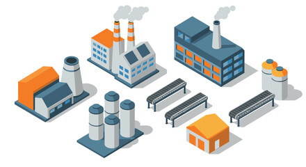 Obraz premium Isometric industrial buildings and factories collection with conveyor belts