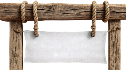 Rustic wooden sign with blank white fabric banner hanging from rope, isolated on transparent background