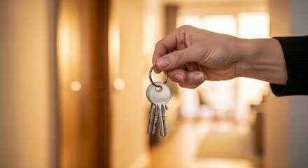 Hand holding new house keys, home ownership and real estate concept