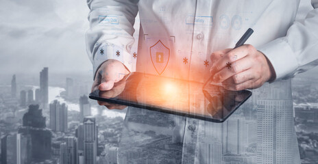 A concept of an advanced cybersecurity system. The futuristic interface shows a multi-factor authentication process using a secure password or PIN for enhanced data protection. Fermion
