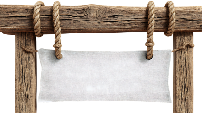 Rustic wooden sign with blank white fabric banner hanging from rope, isolated on transparent background