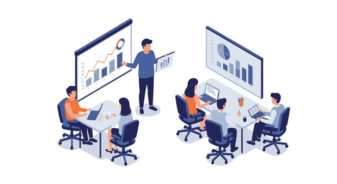 Isometric office meeting scene with data presentation and collaborative work - Powered by Adobe