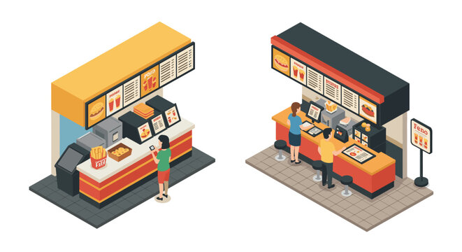 Isometric fast food kiosk with customers ordering and menu displays