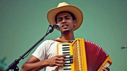 Obraz premium Portrait of Vallenato Accordionist Performing Outdoors / acordeonista colombiano