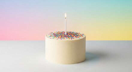 Minimalist white birthday cake with sprinkles and single candle on pastel background.