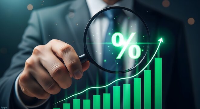 Businessman examines rising financial graph with percentage symbol under magnifying glass