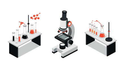 Isometric laboratory equipment with microscope and glassware in red and black theme