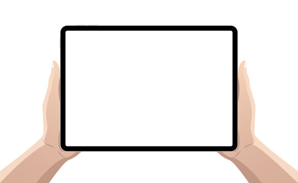 Person using ipad tablet pc in hands, cartoon style mockup template with blank screen. Vector illustration