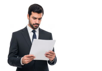 Focused businessman examining documents carefully while standing in a professional setting isolated on transparent background