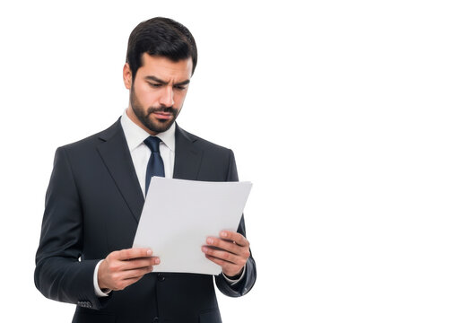 Focused businessman examining documents carefully while standing in a professional setting isolated on transparent background