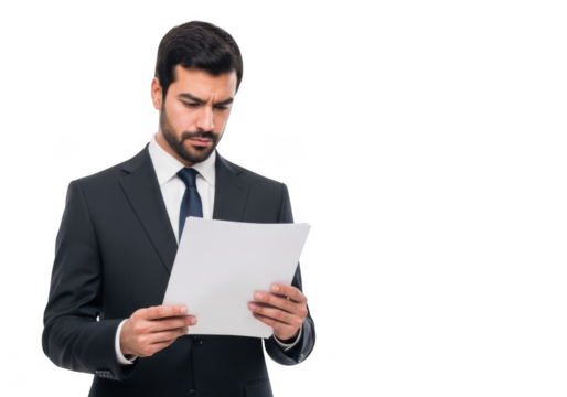 Focused businessman examining documents carefully while standing in a professional setting isolated on transparent background