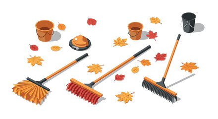 Autumn cleaning tools with rakes and brooms amidst falling leaves in isometric design